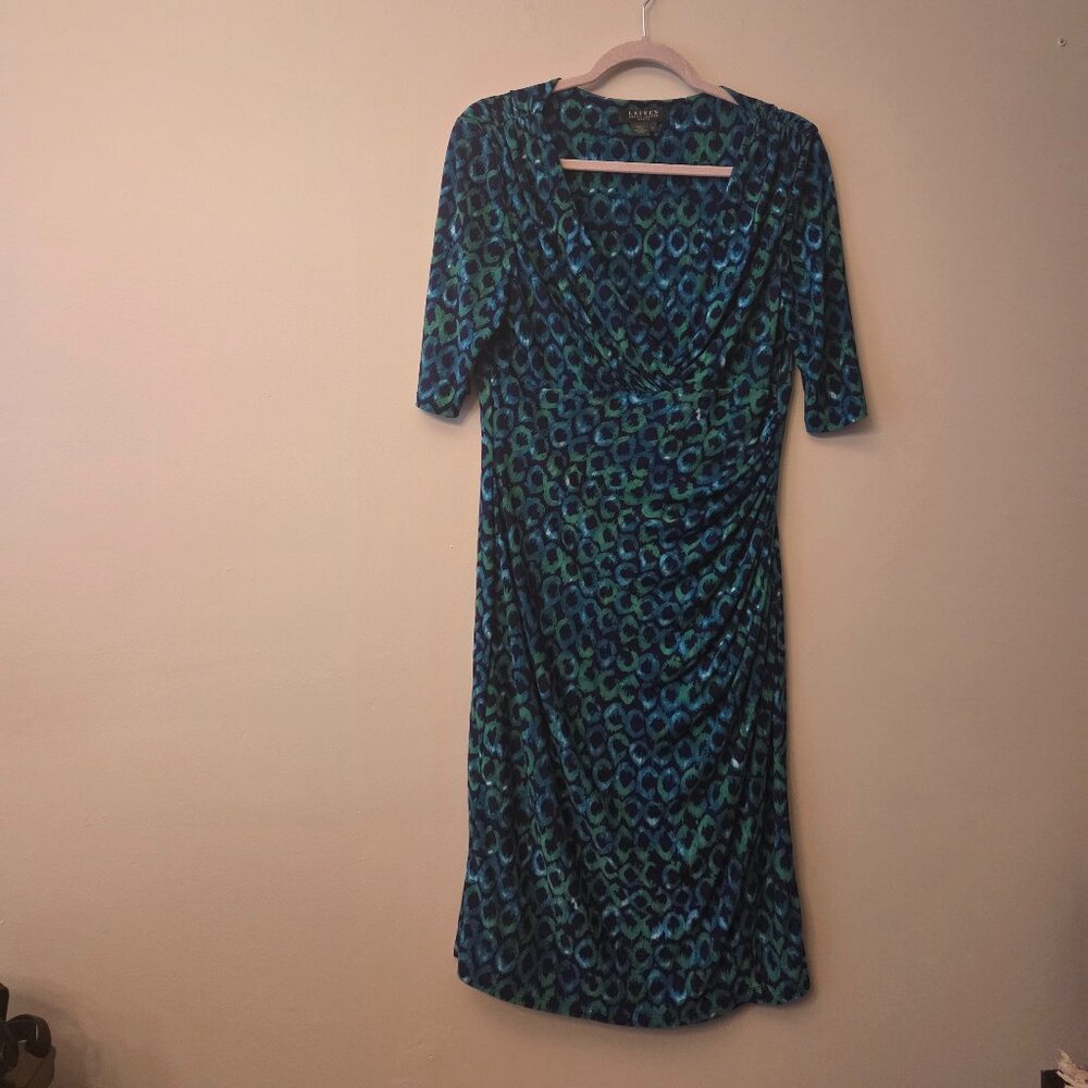 Ralph Lauren Jersey Blue Green Print Dress, Size 12